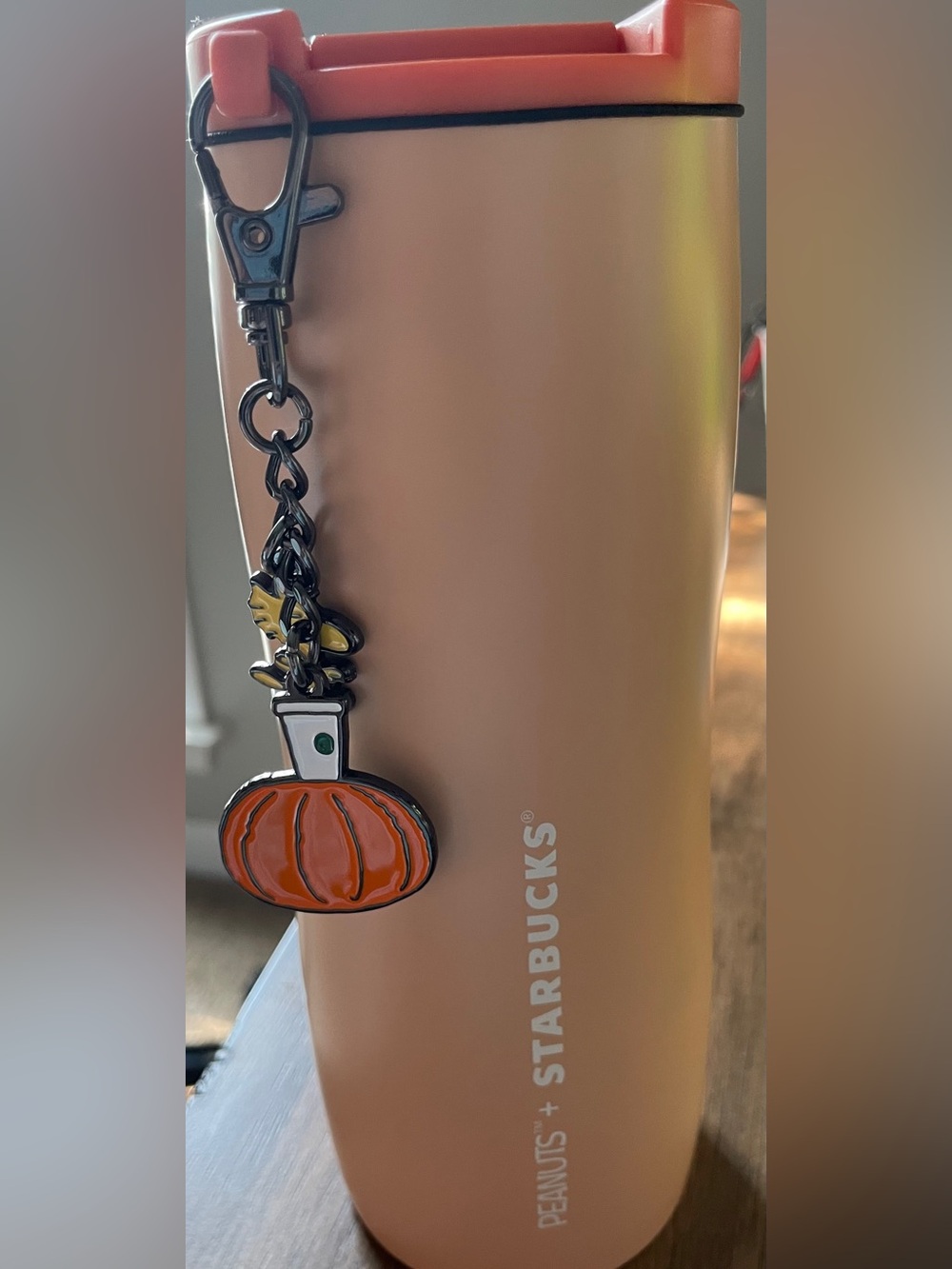 Starbucks and Peanuts Collaboration Peachy Pink Travel Tumbler w/ Pumpkin Charm